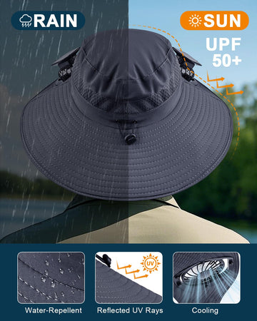 FANSEXPERT hat in use during hiking with breeze from built-in fans.