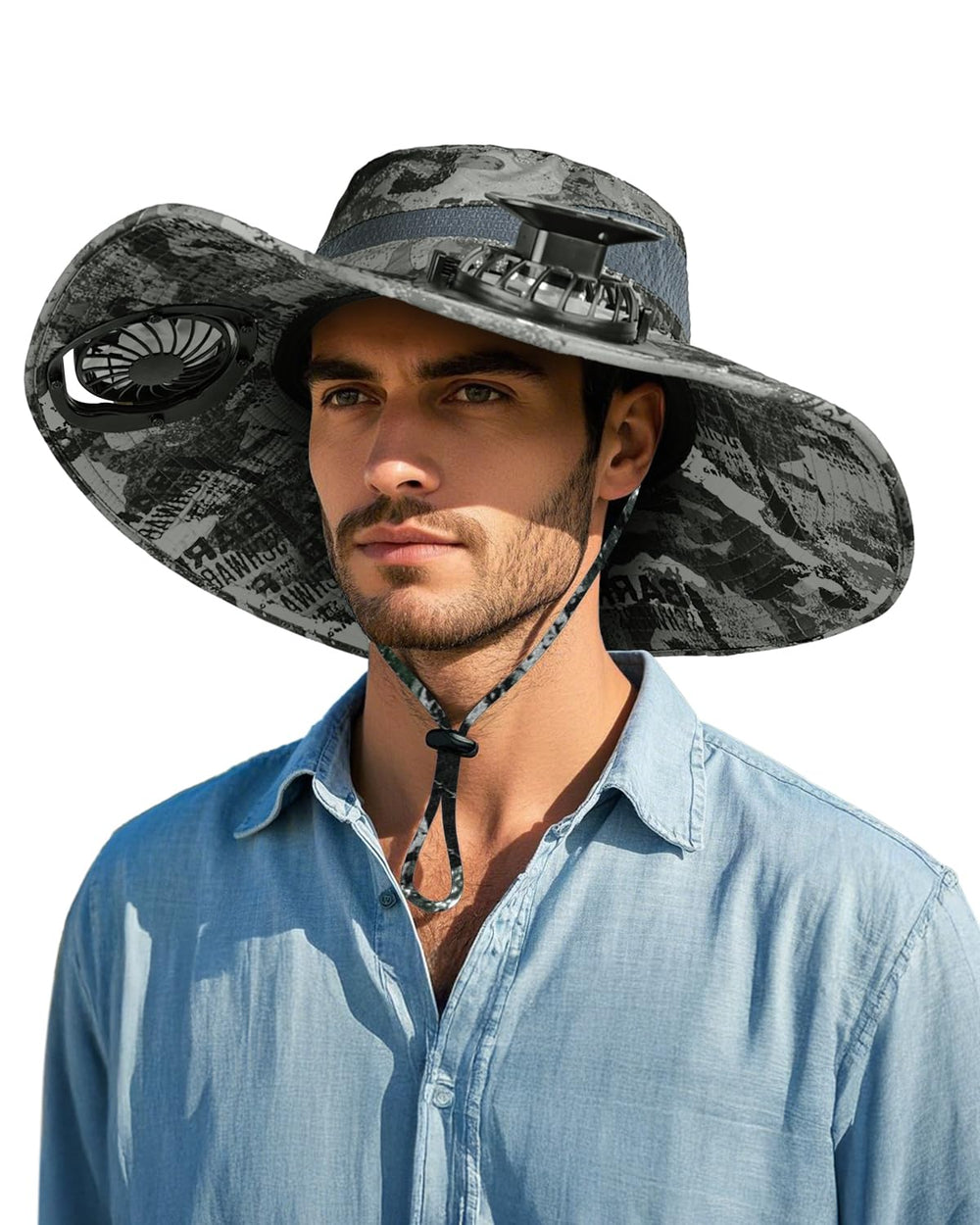 Front view of FANSEXPERT camouflage gray solar fan hat with wide brim