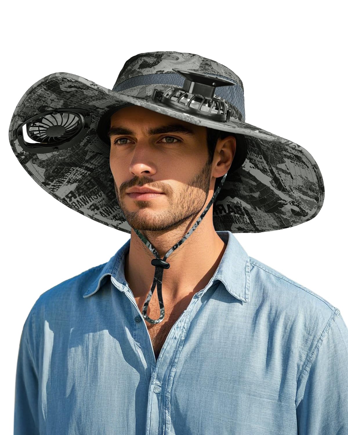 FANSEXPERT wide brim sun hat camouflage gray front view shields face during outdoor adventures