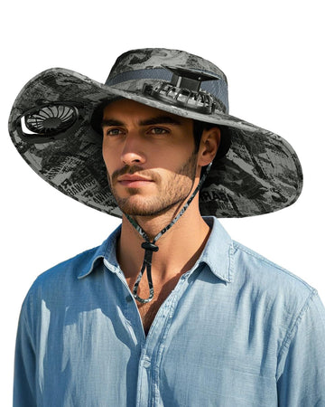 FANSEXPERT wide brim sun hat camouflage gray front view shields face during outdoor adventures