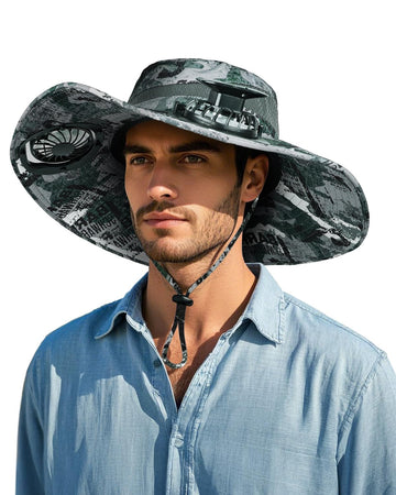 Front view of FANSEXPERT wide brim sun hat with two solar fans in camouflage green