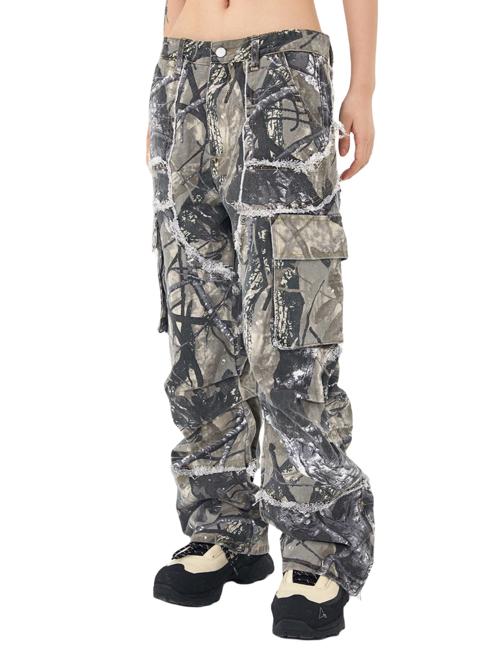 FantasyGears men's camo cargo pants front view with multiple pockets for outdoor use