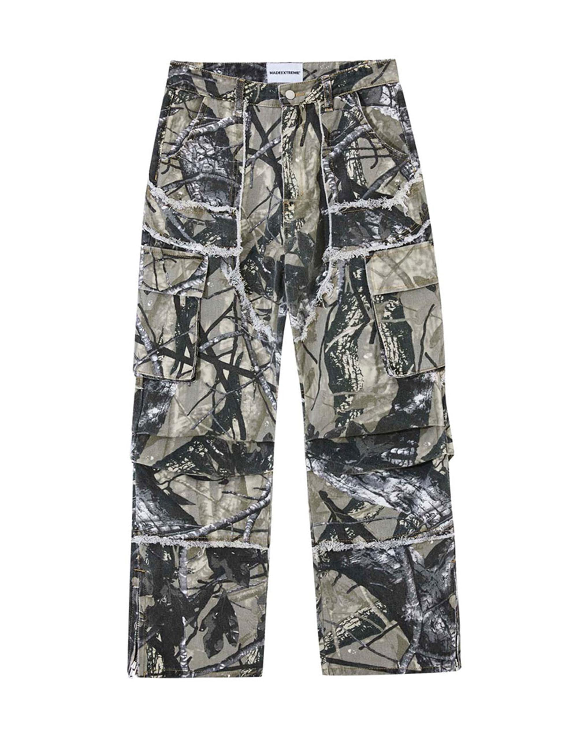 FantasyGears camo cargo pants worn as part of a full streetwear outfit
