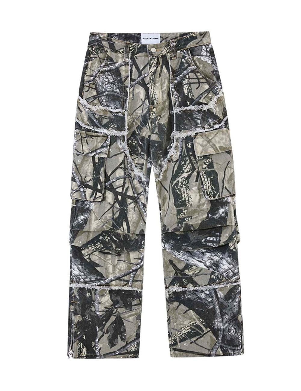 FantasyGears camo cargo pants worn as part of a full streetwear outfit