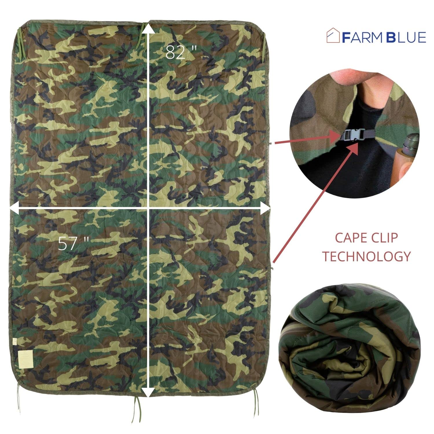 Farm Blue Jungle Camo blanket packed for backpacking with all-weather protection.
