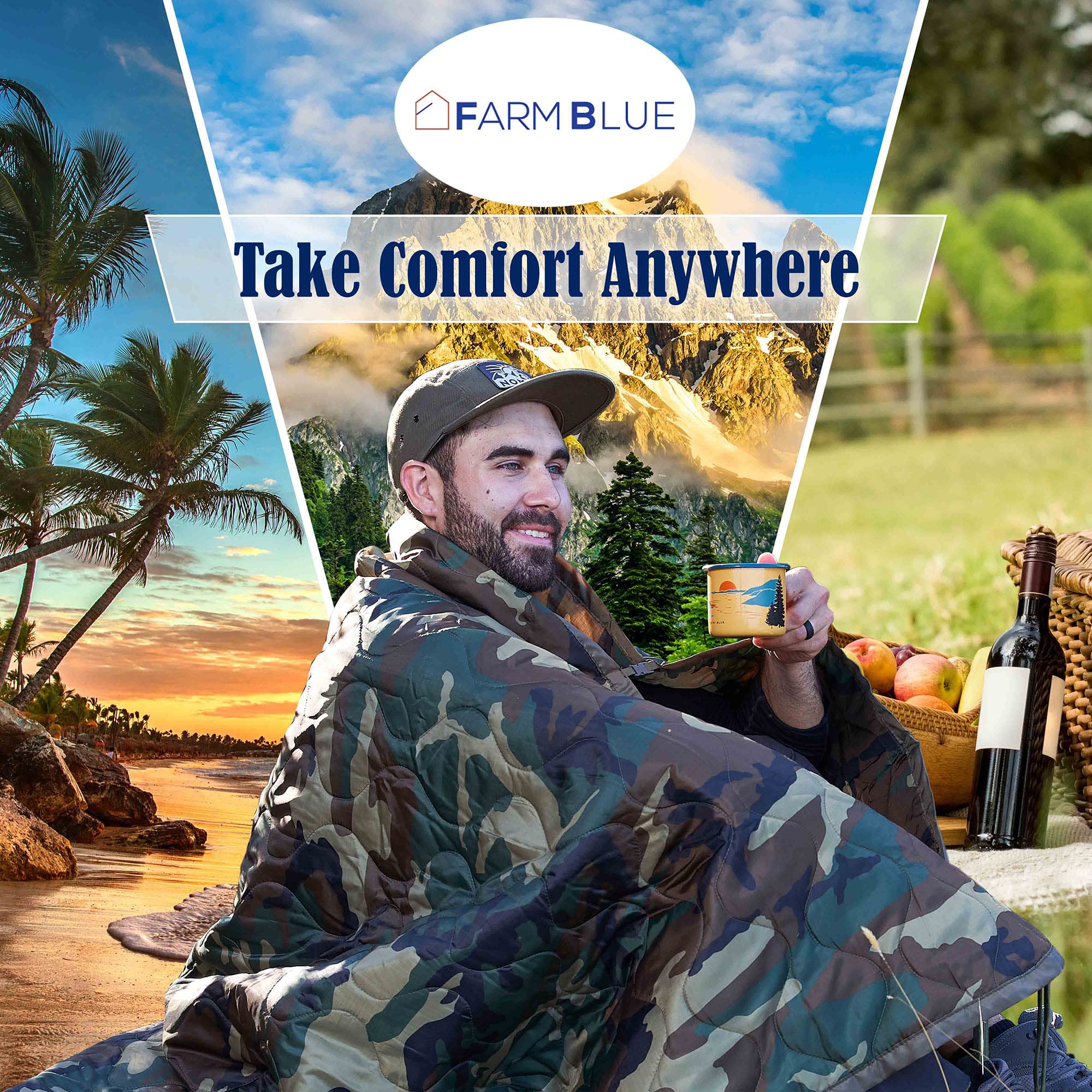 Farm Blue Jungle Camo blanket kept in car for outdoor emergencies.