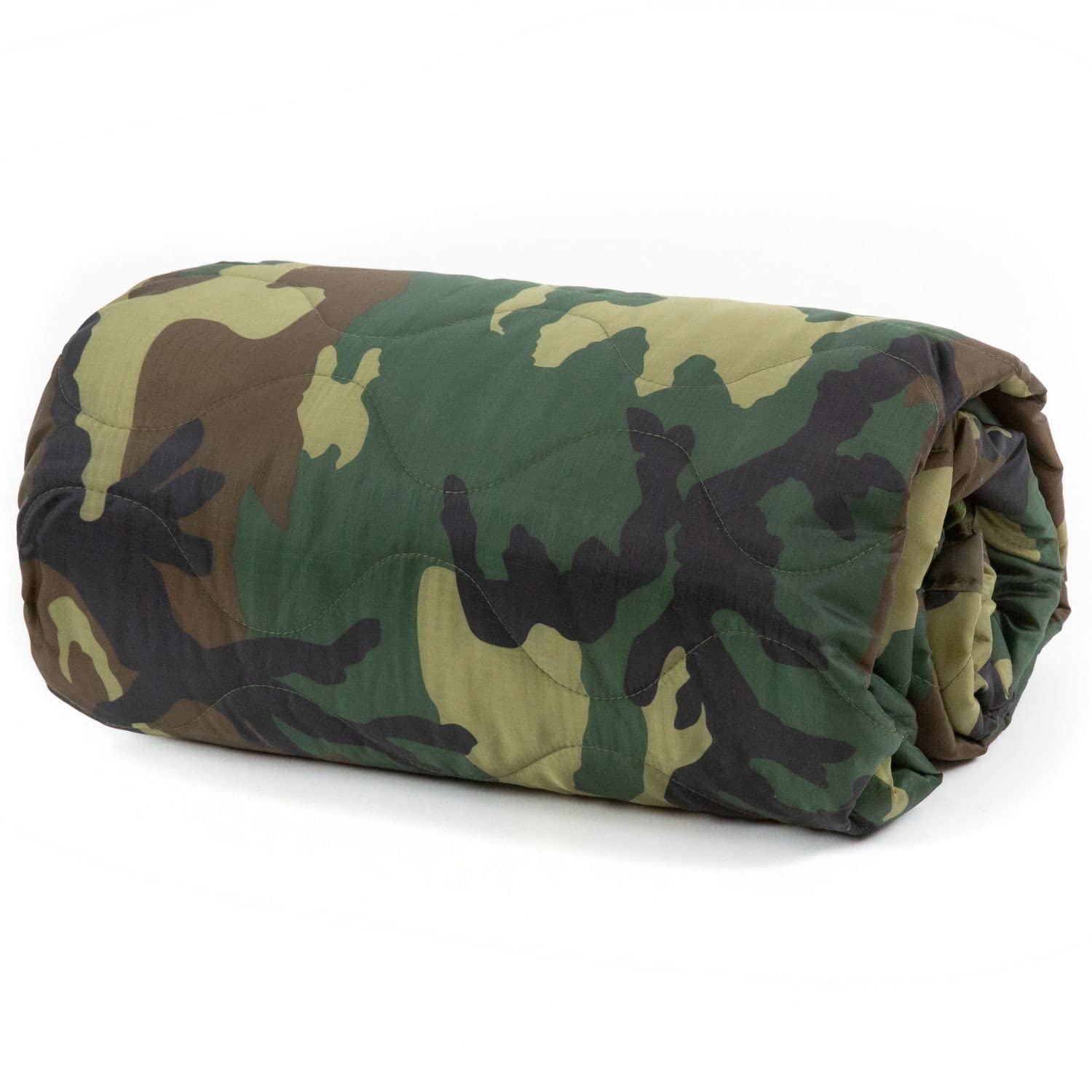 Farm Blue Jungle Camo blanket folded in its drawstring bag for easy camping setup.