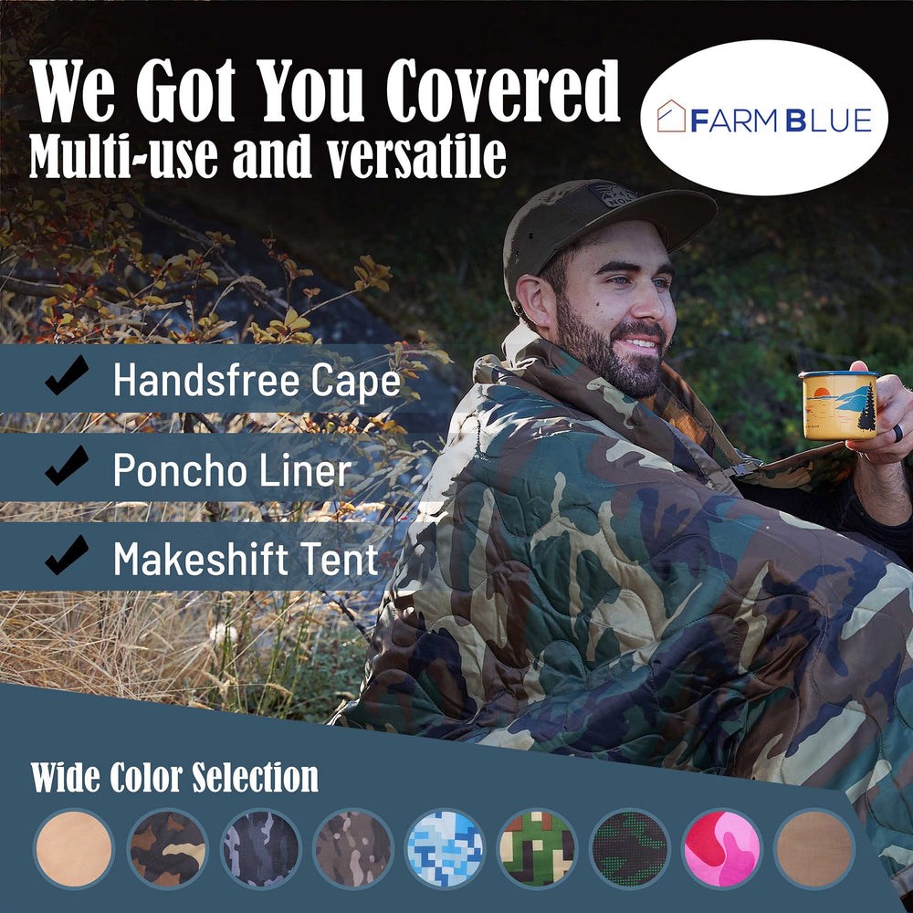 Farm Blue Jungle Camo blanket spread on ground for DIY shelter and cozy seating.
