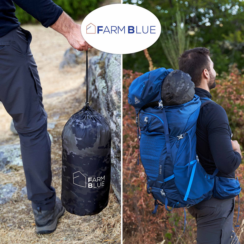 Farm Blue Jungle Camo blanket with water-resistant edge protecting gear outside.