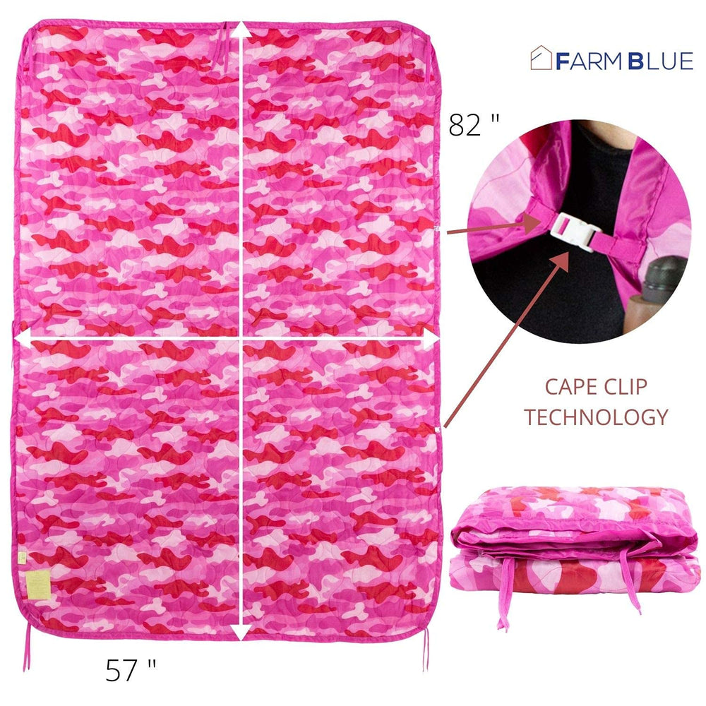 Farm Blue Pink Camo Woobie Blanket at beach picnic offering cozy, portable warmth