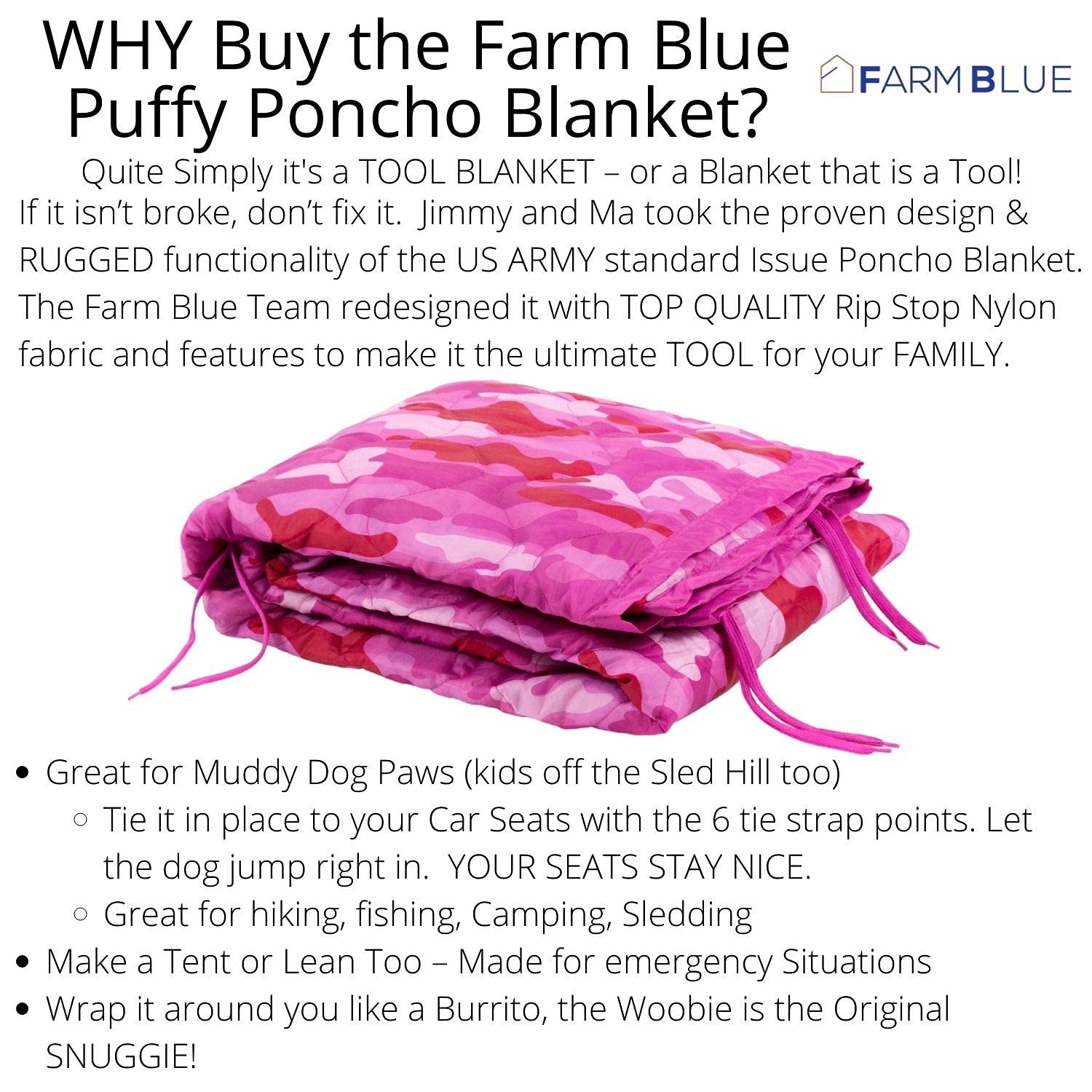 Farm Blue Pink Camo Woobie Blanket with corner cords ready for secure outdoor use