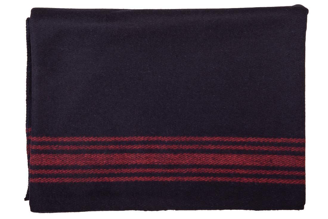 Farm Blue Wool Blanket folded in navy with red stripes, ready for quick warmth on the go.