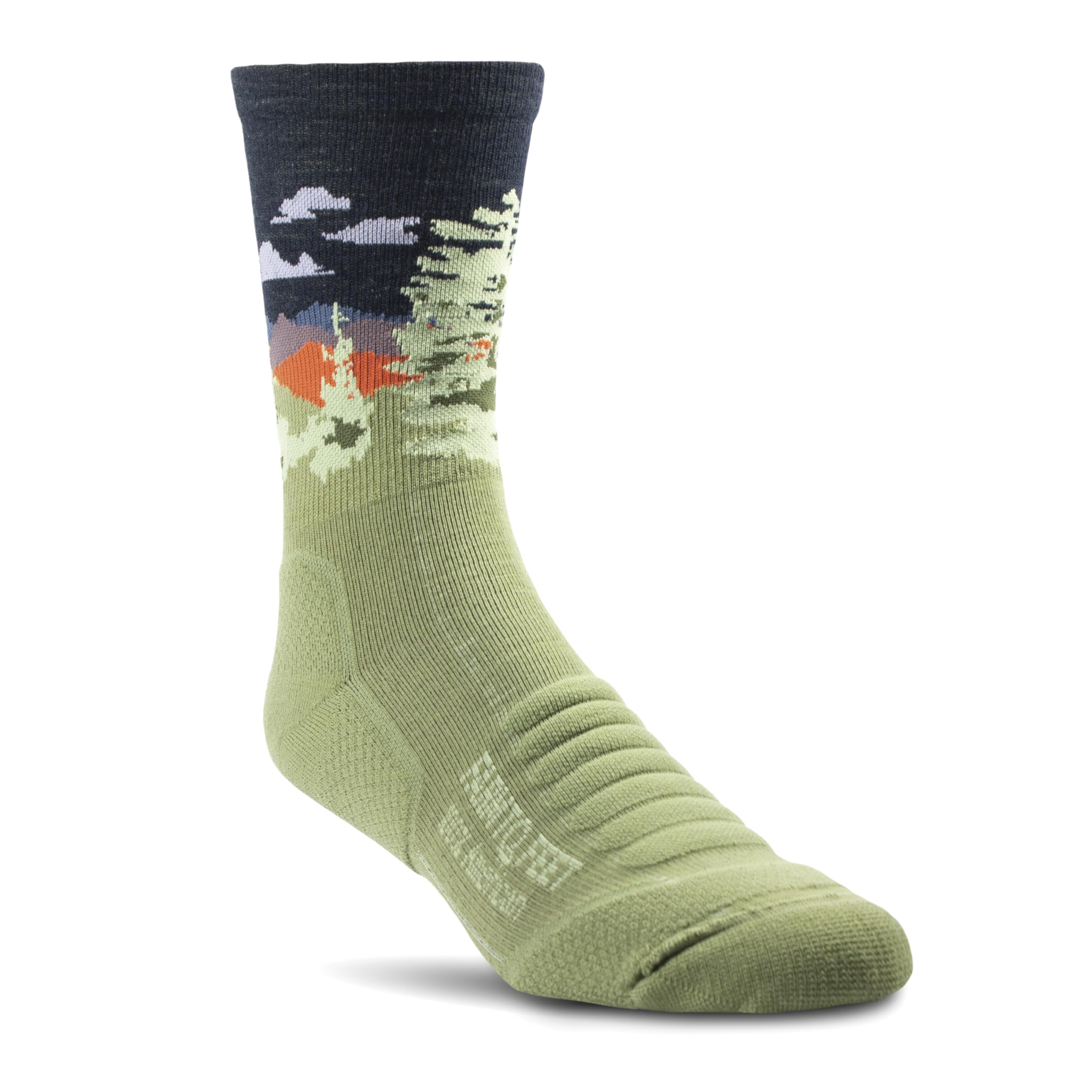Farm to Feet Cascade Locks sock Mosstone front view, showcasing 3/4 crew length for versatile comfort