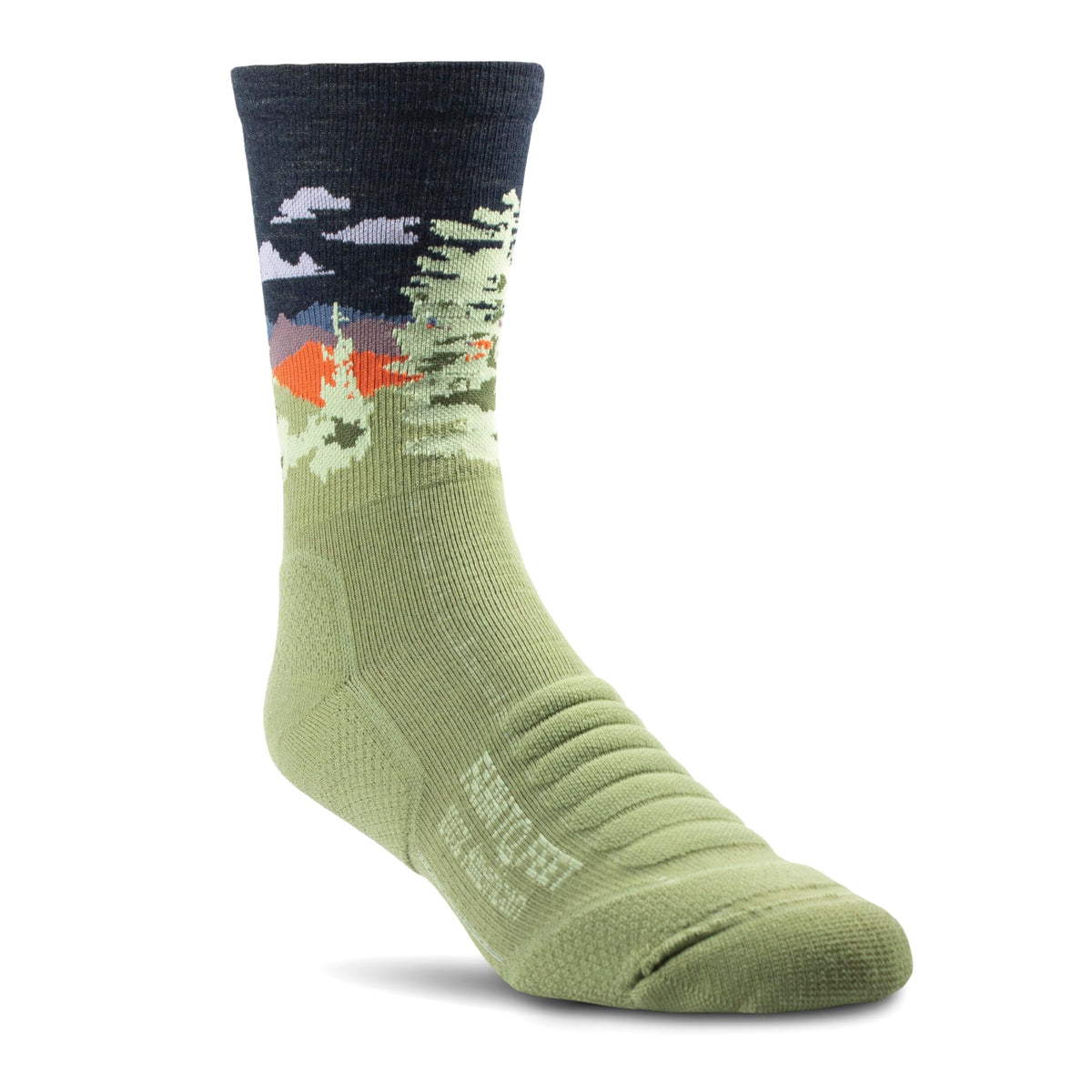 Farm to Feet Cascade Locks sock Mosstone front view, showcasing 3/4 crew length for versatile comfort