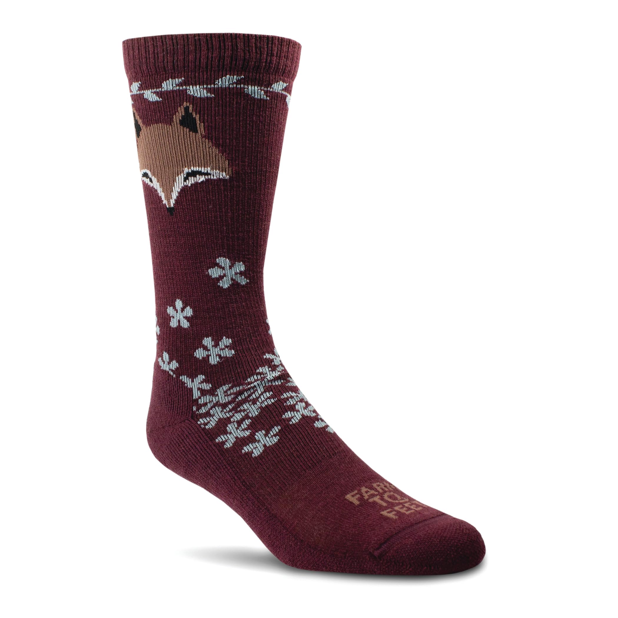 Farm to Feet Emeryville fox graphic crew socks in plum; everyday comfort.