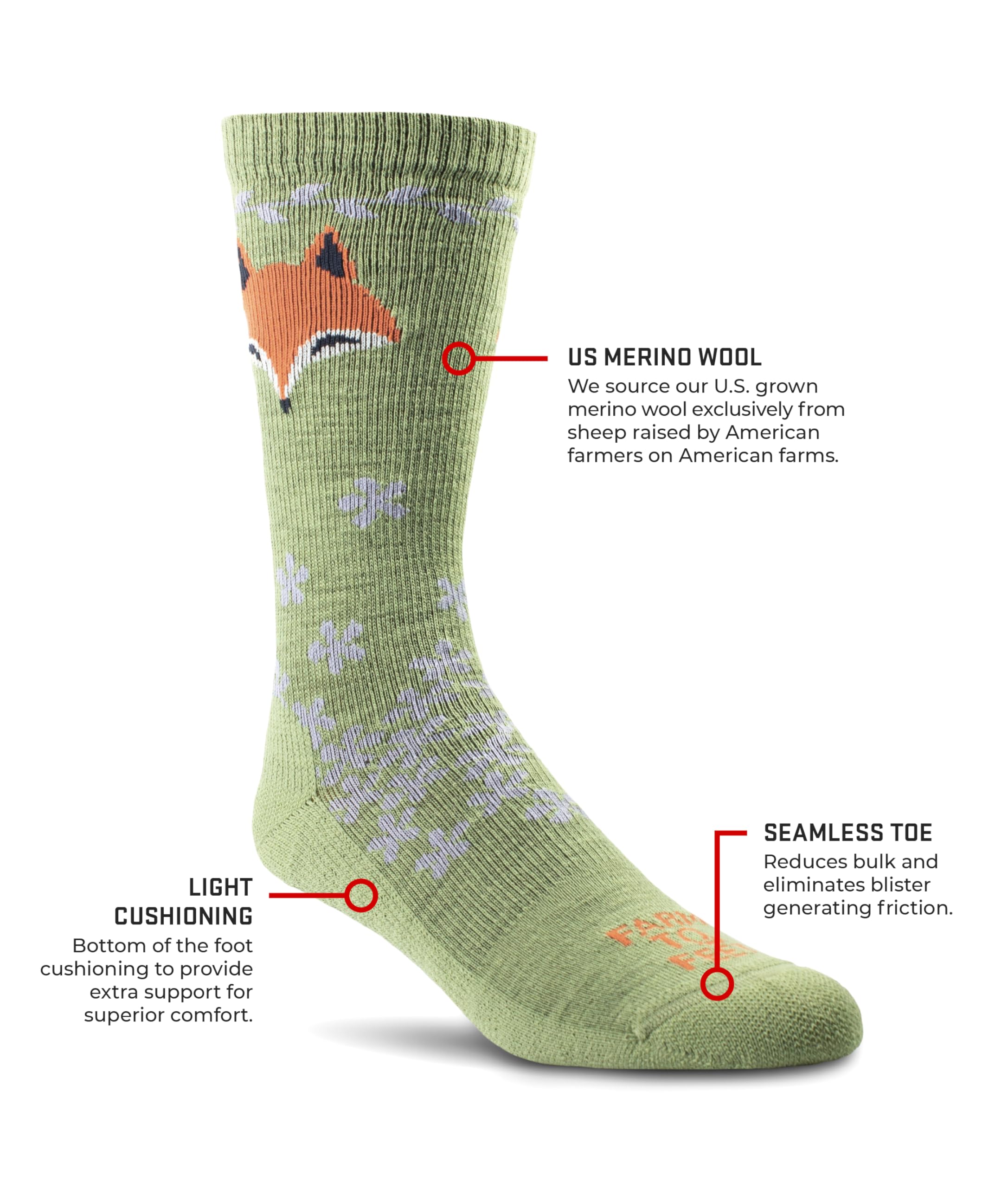US-made Farm to Feet sock tag highlights domestic sourcing.