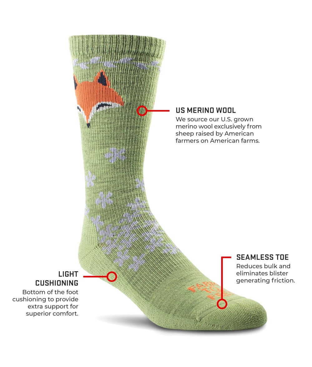 US-made Farm to Feet sock tag highlights domestic sourcing.