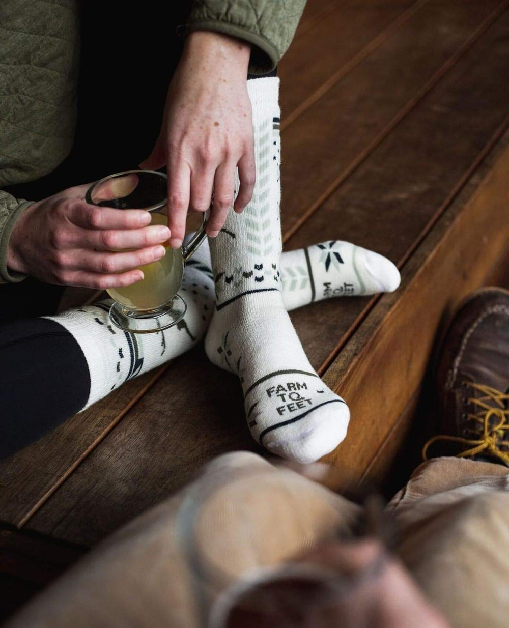 Farm to Feet Hamilton Green Gables calf-length sock in packaging, ready for gifting or stocking.