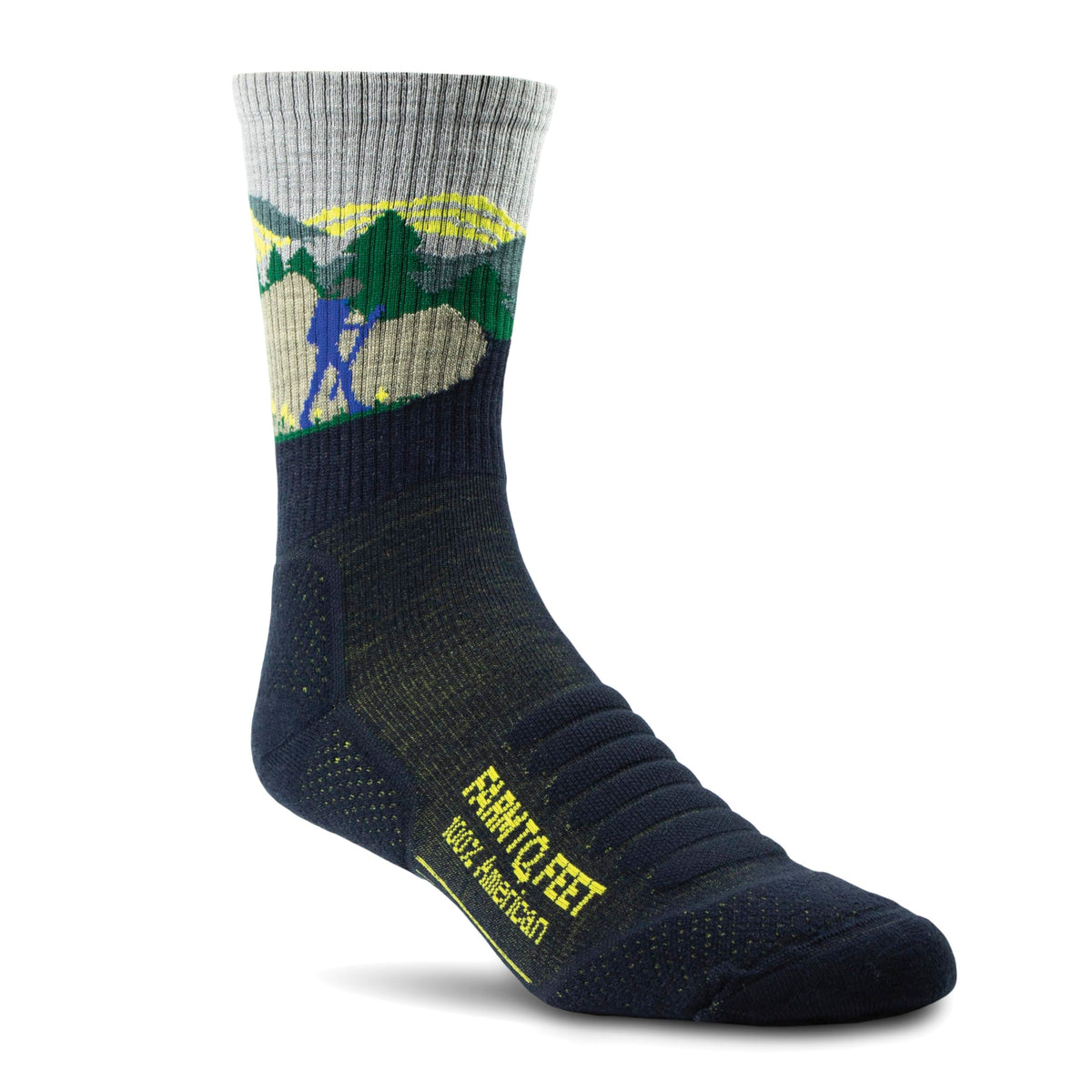 Farm To Feet Total Eclipse Blue Ridge Crew Socks worn on foot for all‑day comfort and versatility.