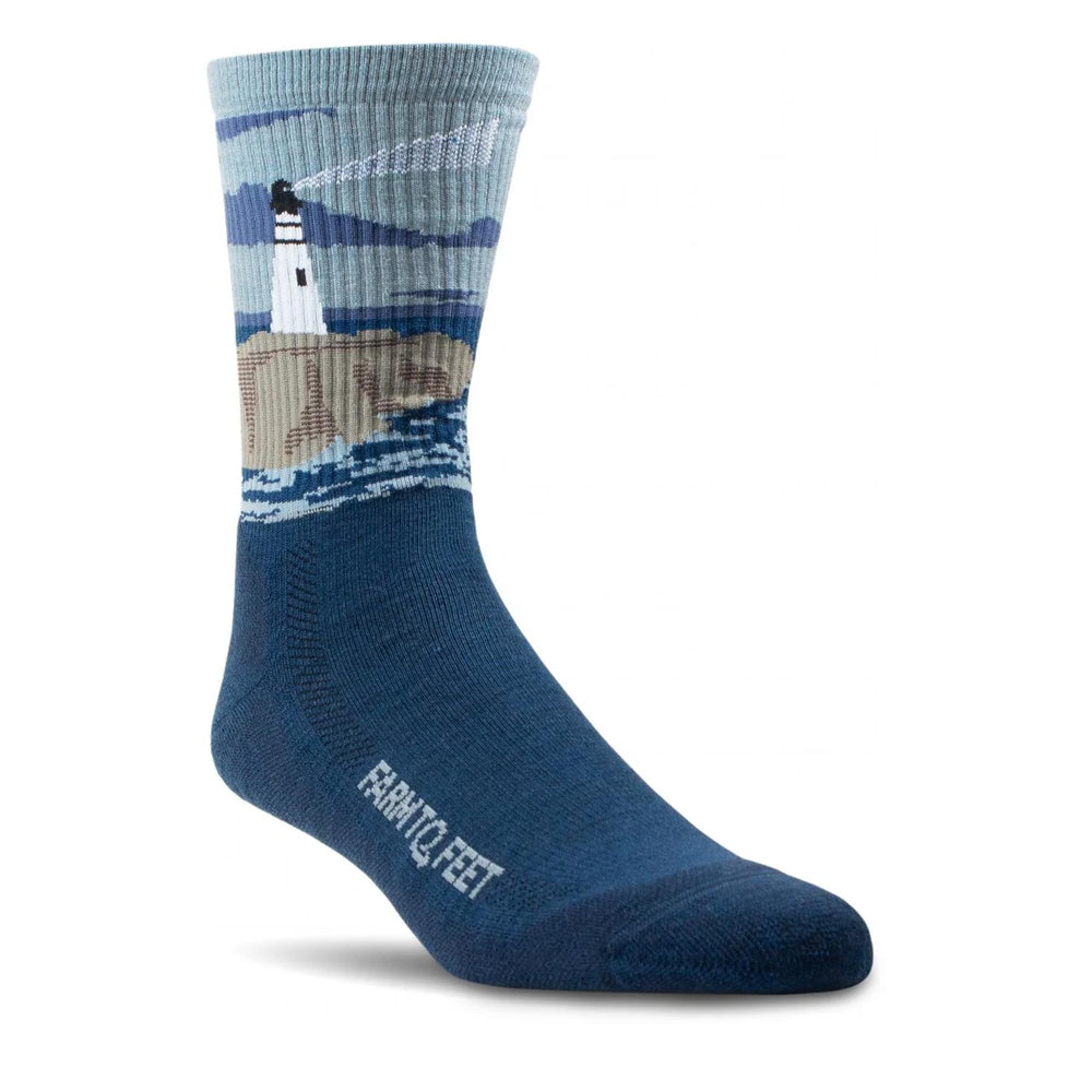 Farm to Feet Trail Cape Light socks in denim with cushioned zones for trail comfort during hikes