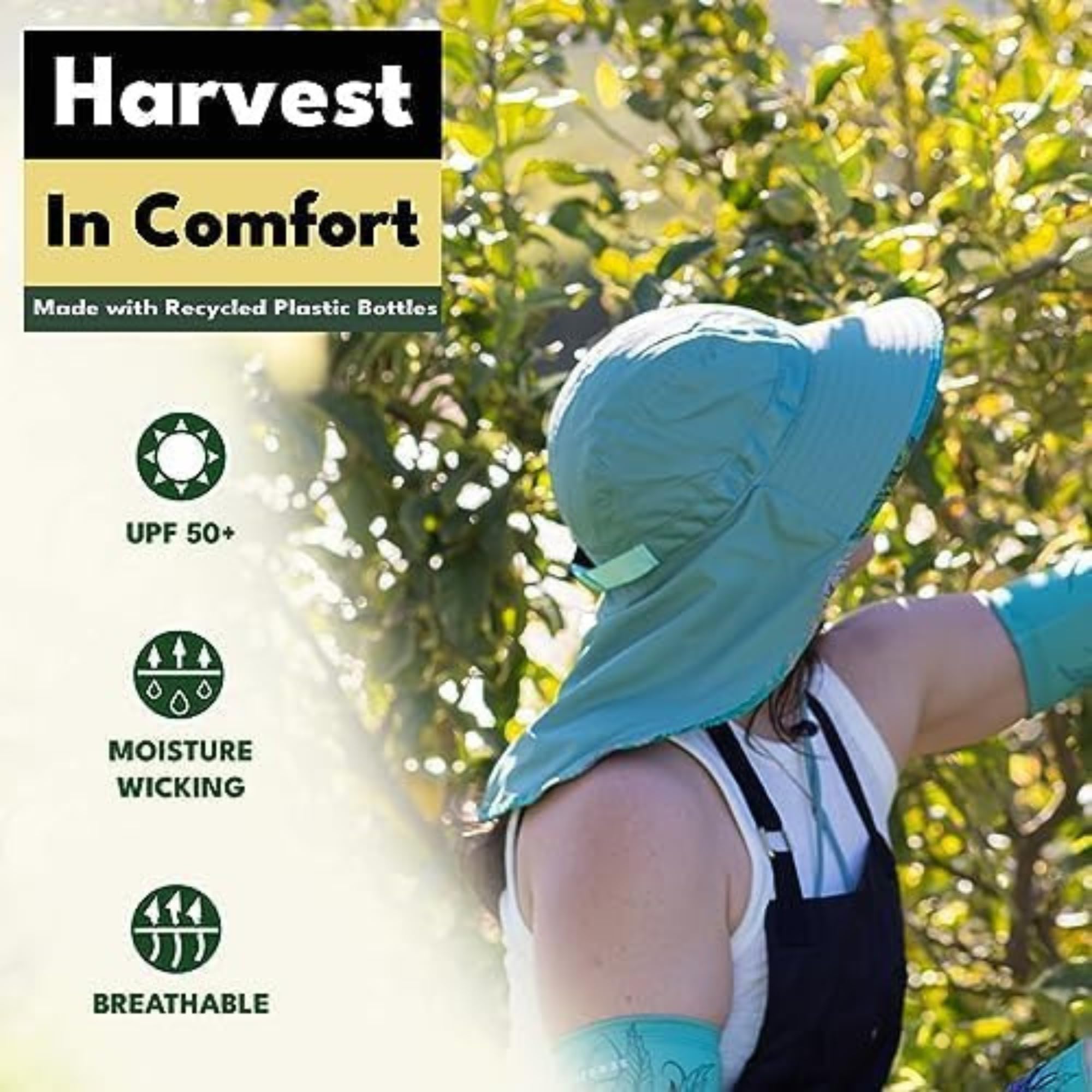 Model wearing FARMER'S DEFENSE Sun Hat for gardening/beach outdoor use