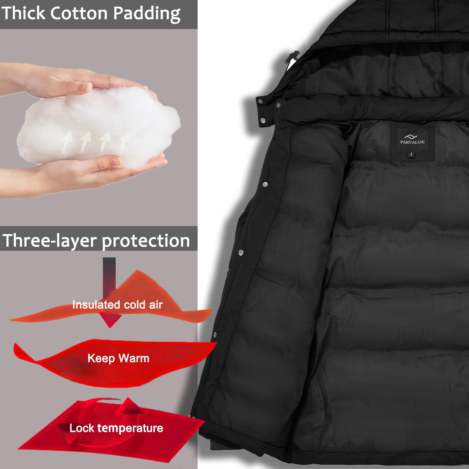 FARVALUE men's winter coat removable hood demonstrates flexible warmth options.