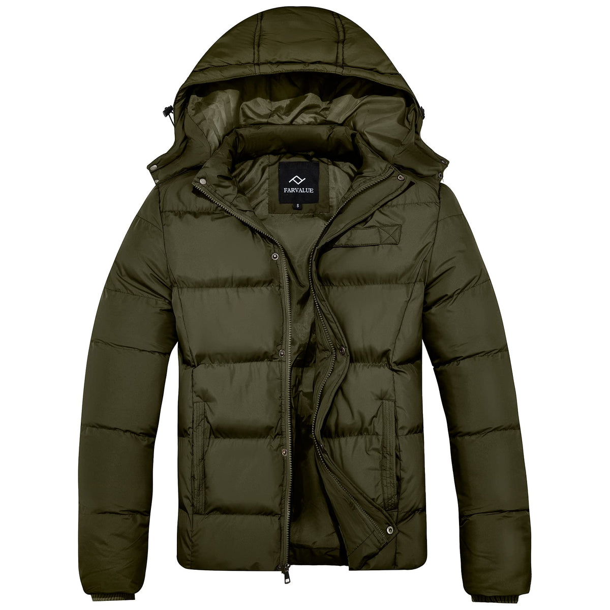 FARVALUE mens winter coat front view with water-repellent finish for everyday dryness.