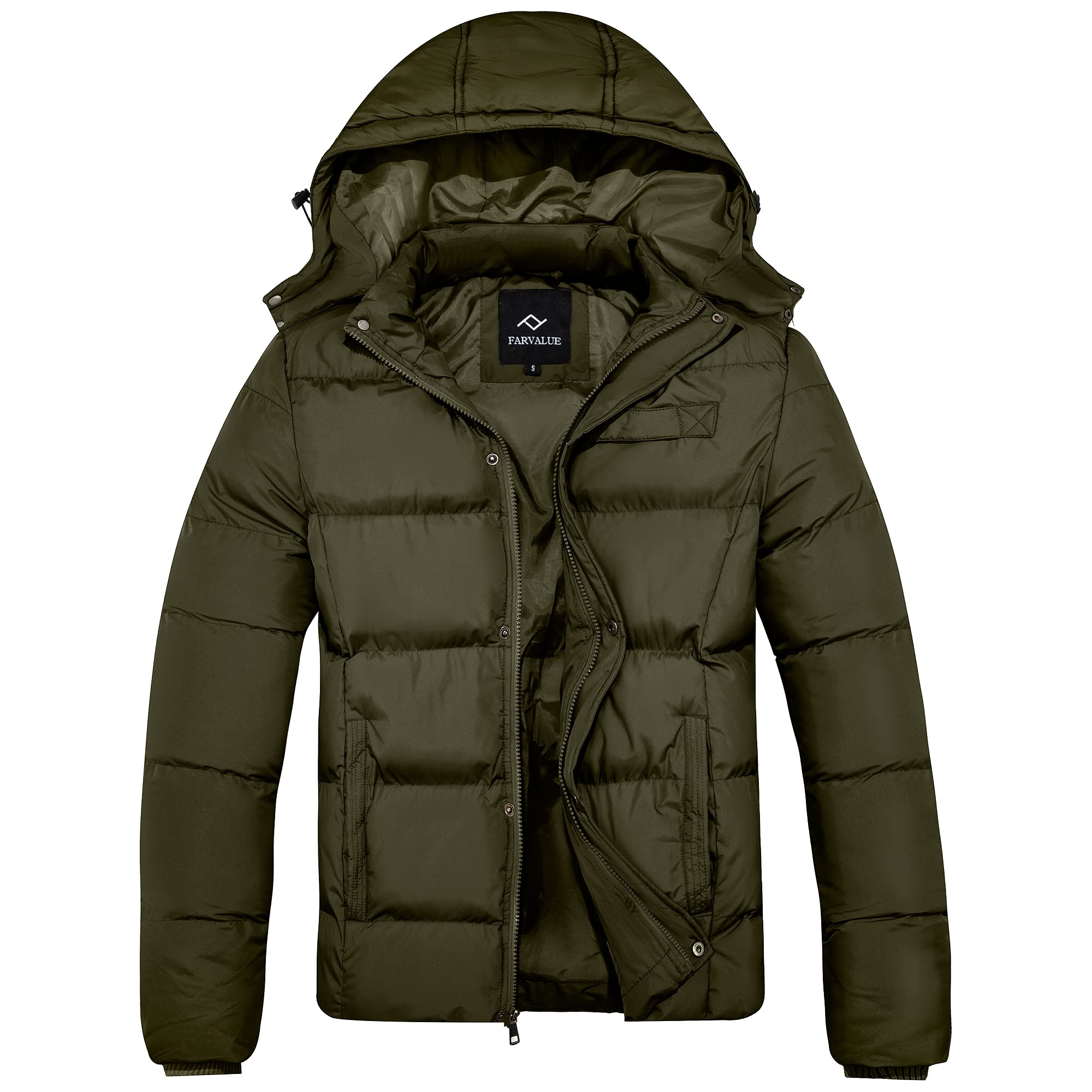 FARVALUE men's winter parka water-repellent front view for light rain protection.