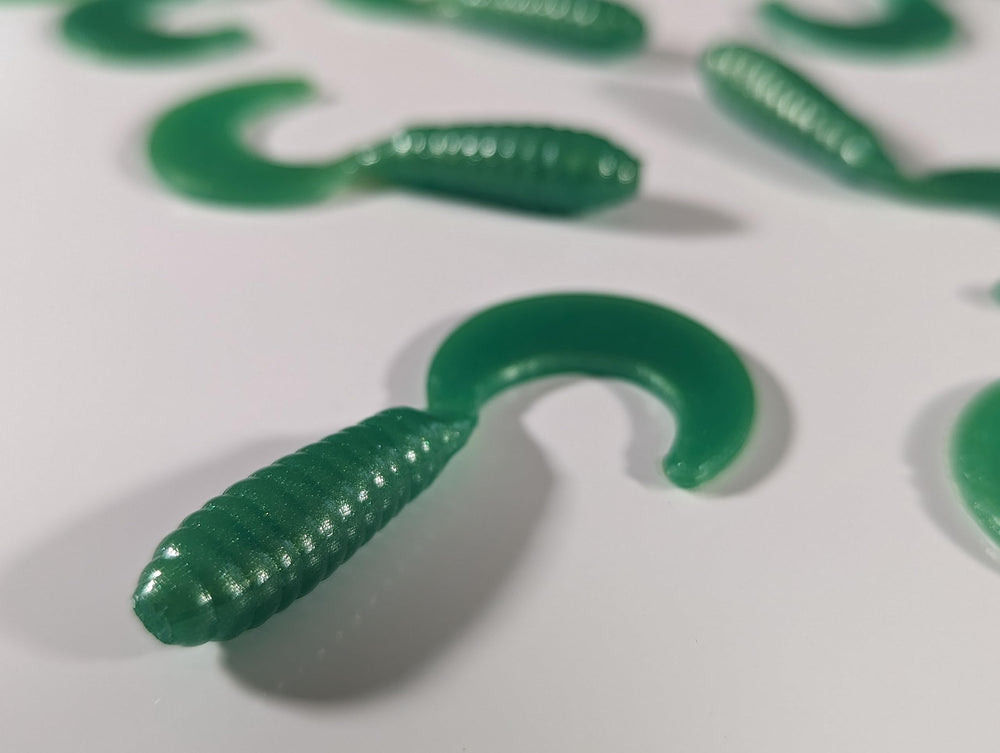 FastFish Megatail 3in Emerald Pearl curl-tail lure in action for walleye.