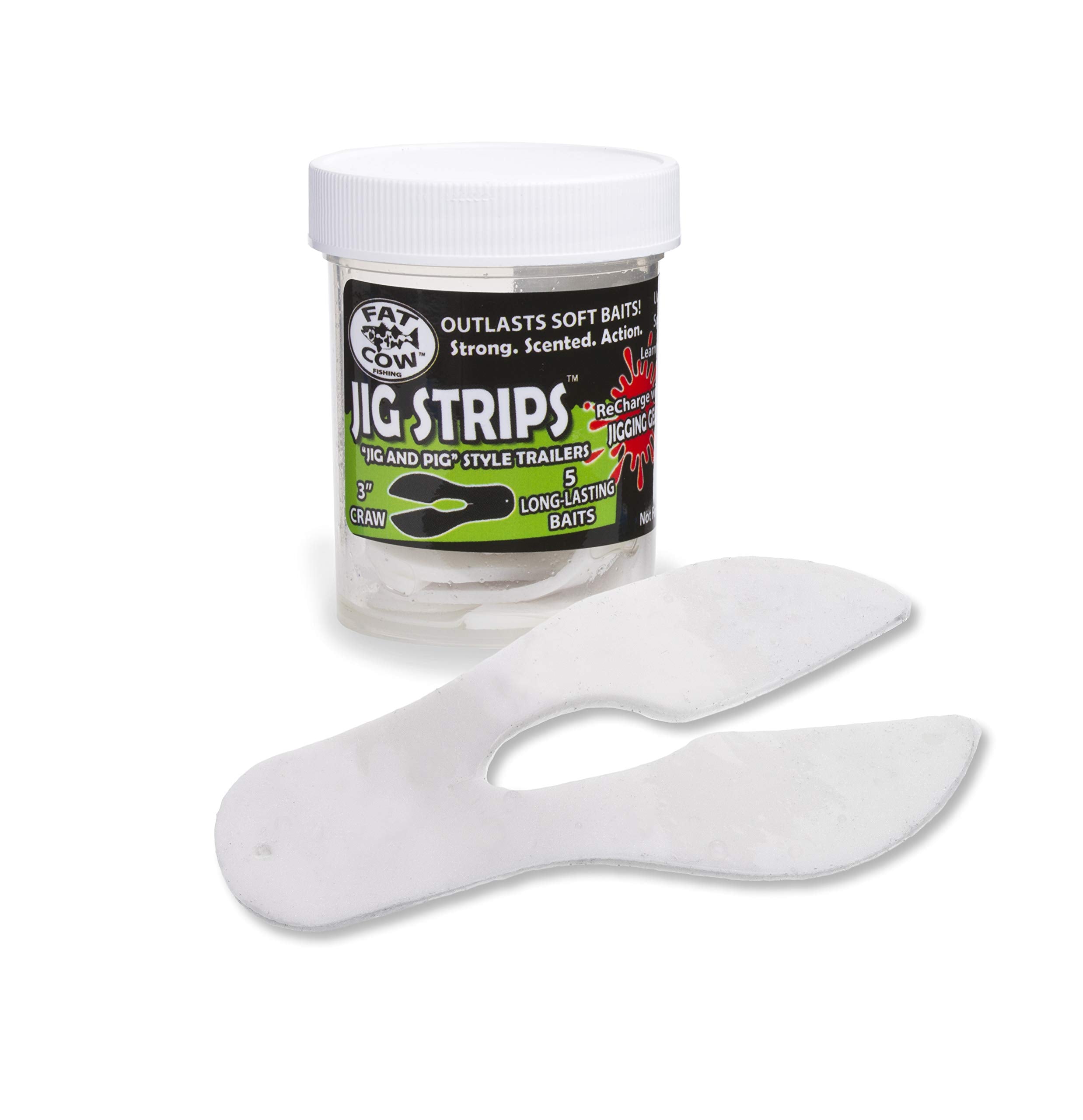 Fat Cow Jig Strips Craw Trailer 3in White Pearl, durable and scent-enhanced for better bites.