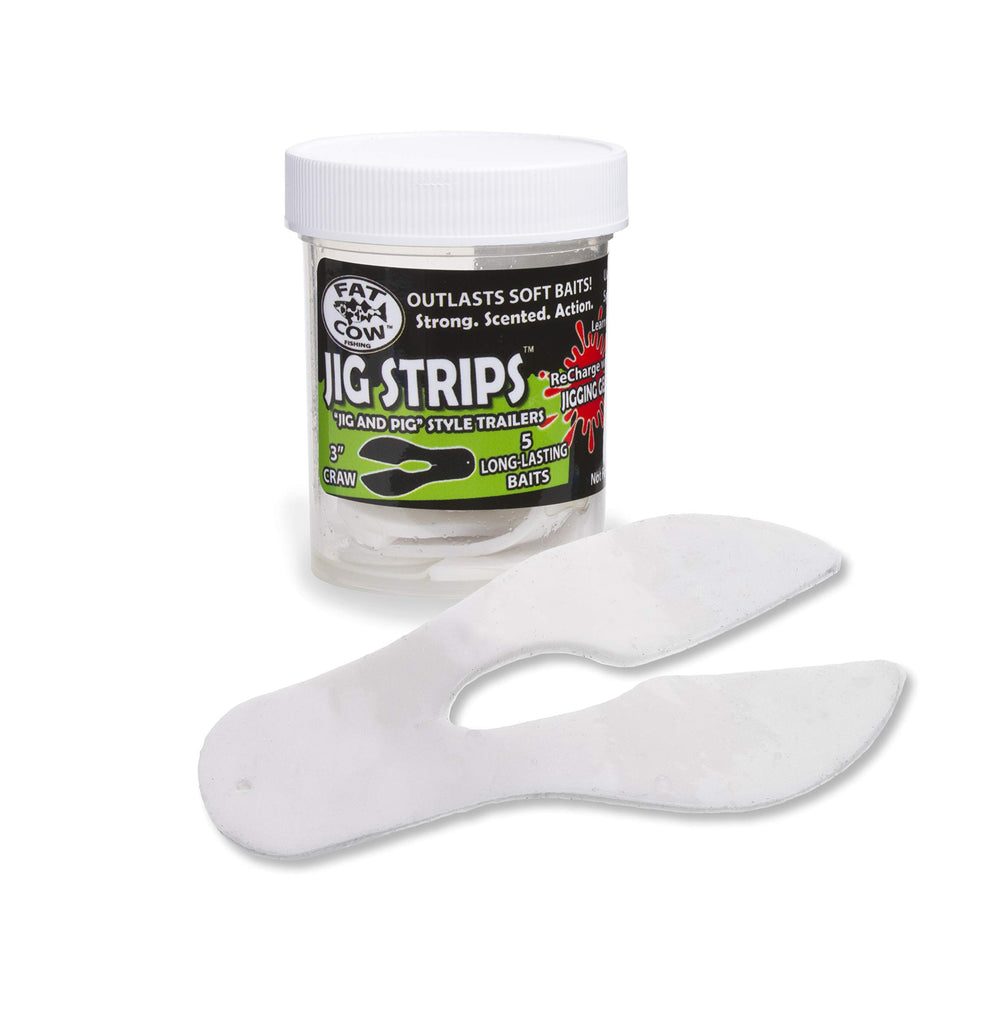 Fat Cow Jig Strips Craw Trailer 3in White Pearl, durable and scent-enhanced for better bites.