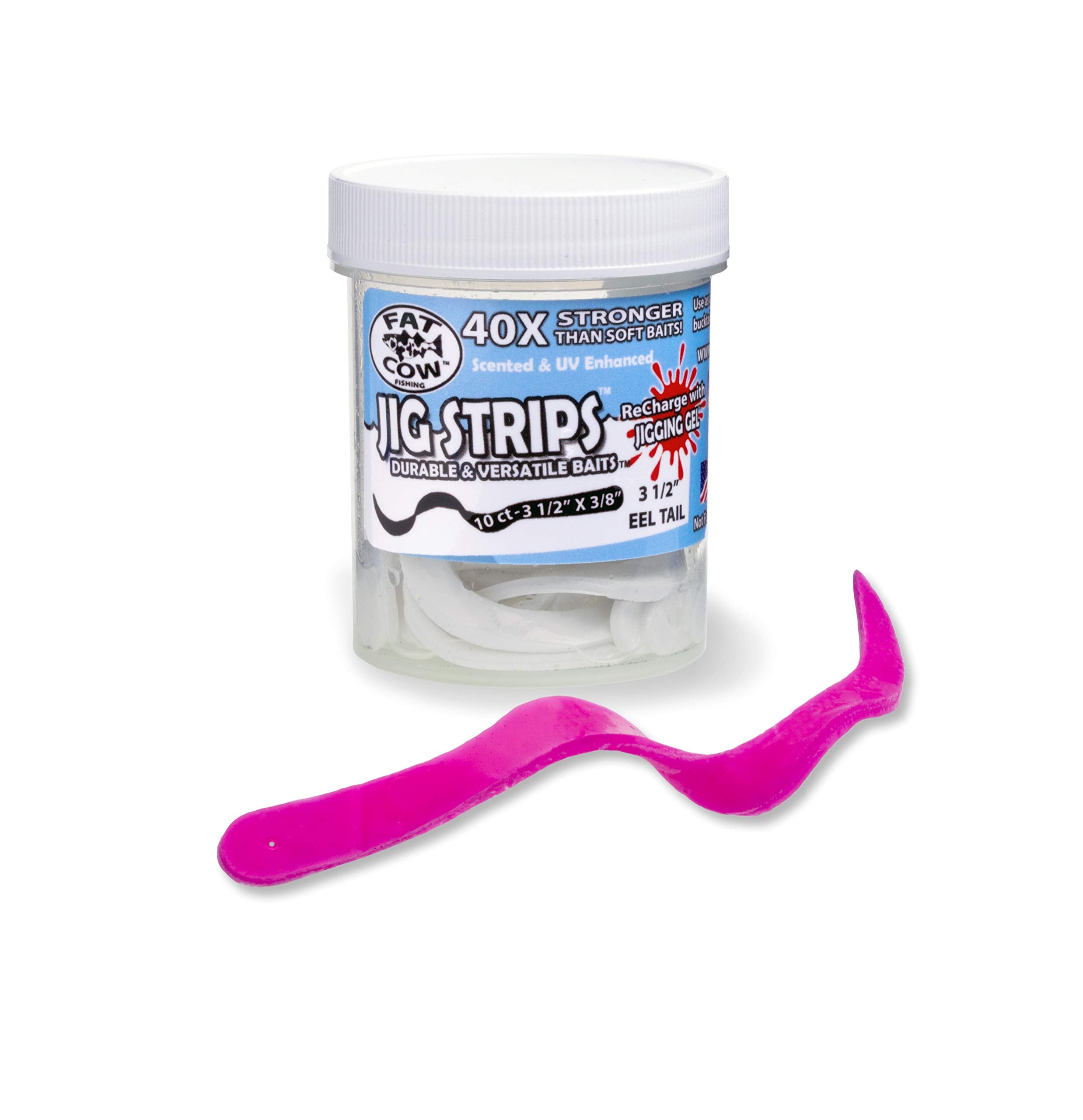Fat Cow Jig Strips EEL Tail 3.5in on a jig delivering action, color, and scent to boost strikes