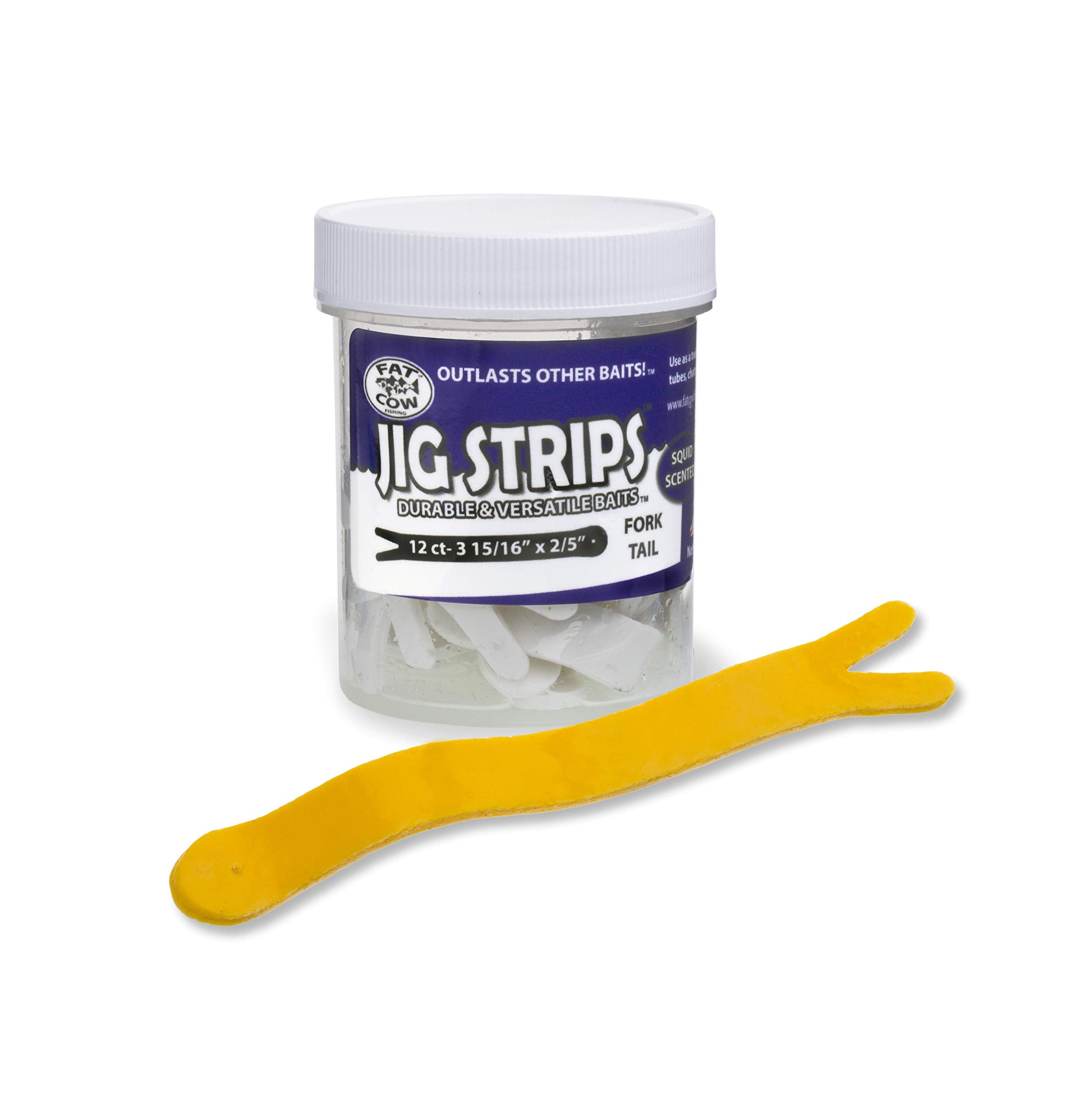 Fat Cow Jig Strips Fork Tail 316 Yellow enhances scent and action on the lure.