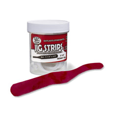 Fat Cow Jig Strips Skinny Tail 5-1-4 Blood Red on hook, boosts action and scent