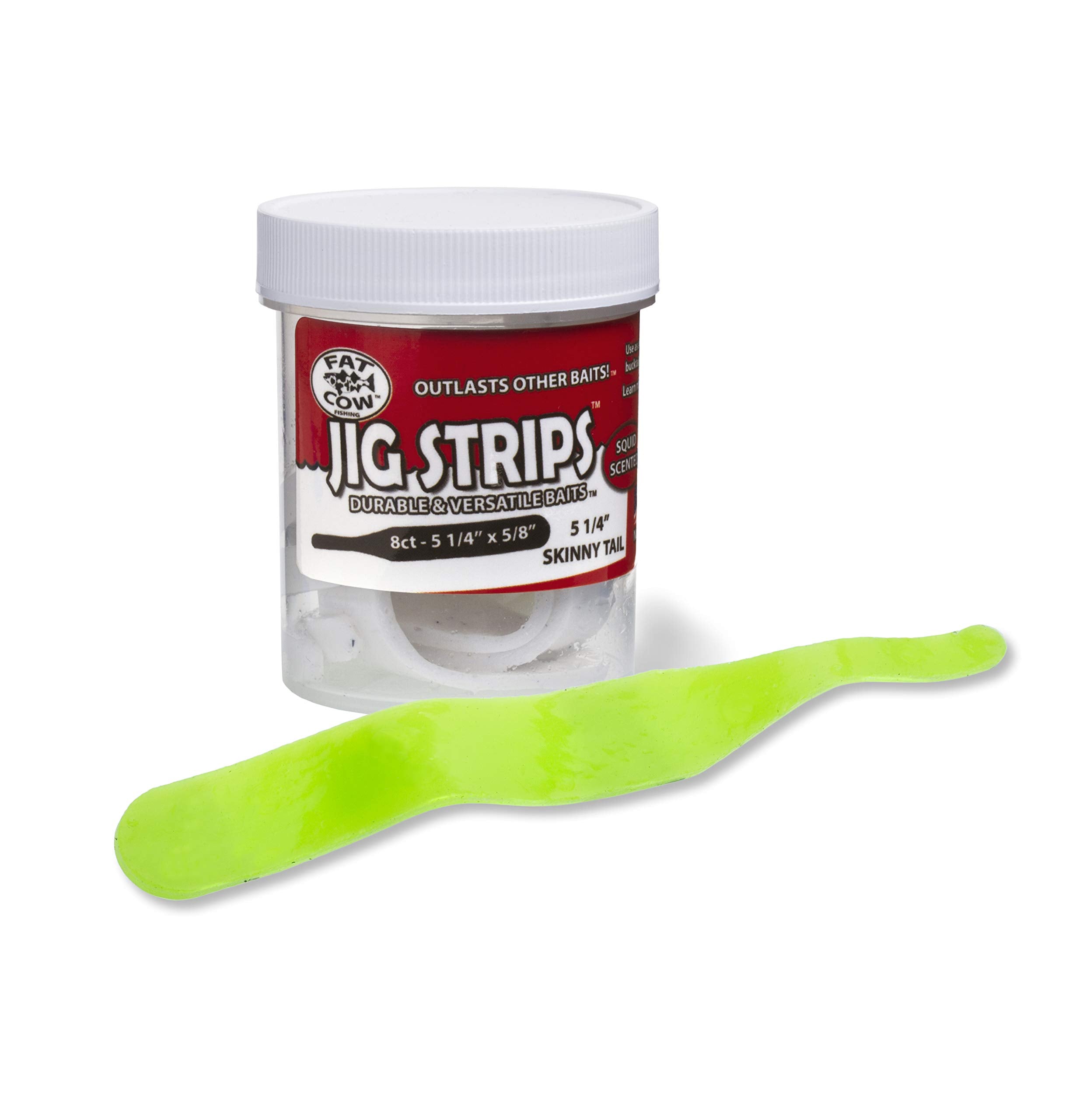 Fat Cow Jig Strips Skinny Tail 5-1-4 chartreuse improves scent and visibility for bucktails and jig trailers.