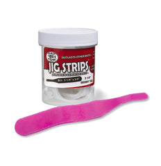 Fat Cow Jig Strips Skinny Tail 5-1-4 inch on a jig, enhances scent and UV visibility.