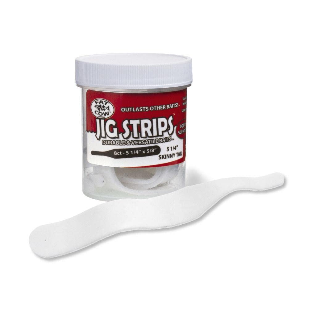 Fat Cow Jig Strips Skinny Tail Ghost White on-hook for reusable lure trailers.