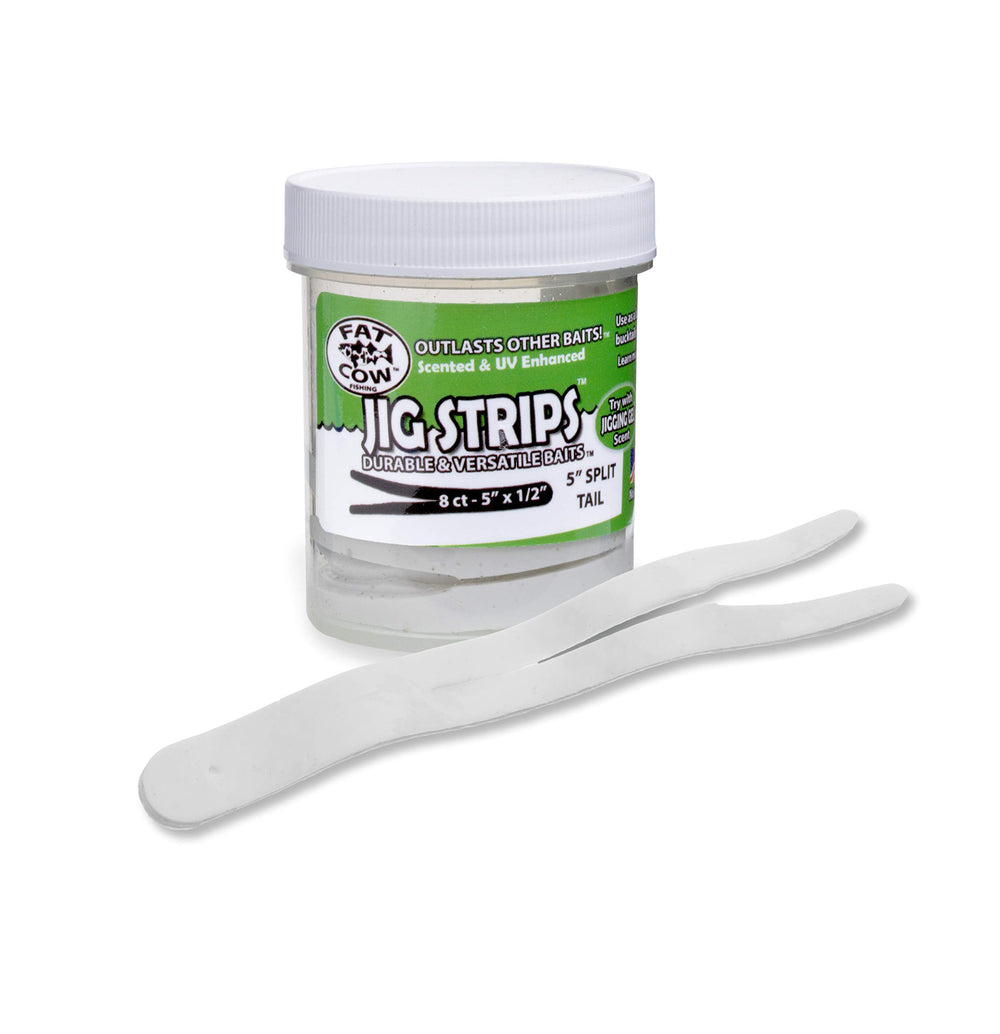 Fat Cow Jig Strips Split Tail 5\" Ghost White deliver versatile lure action for jigs and bucktails