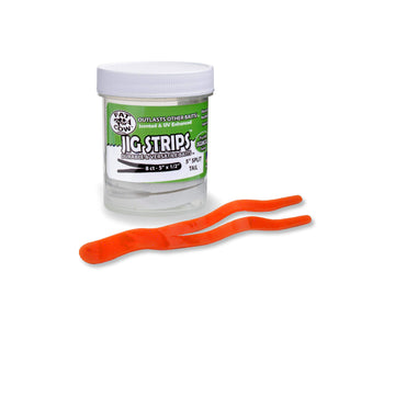 Fat Cow Jig Strips Split Tail 5 inch Salmon Blaze trailer enhances visibility, scent, action for jig fishing.