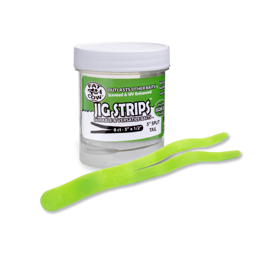 Fat Cow Jig Strips Split Tail in chartreuse trailer enhances jig action with durable, reusable trailers for fishing.