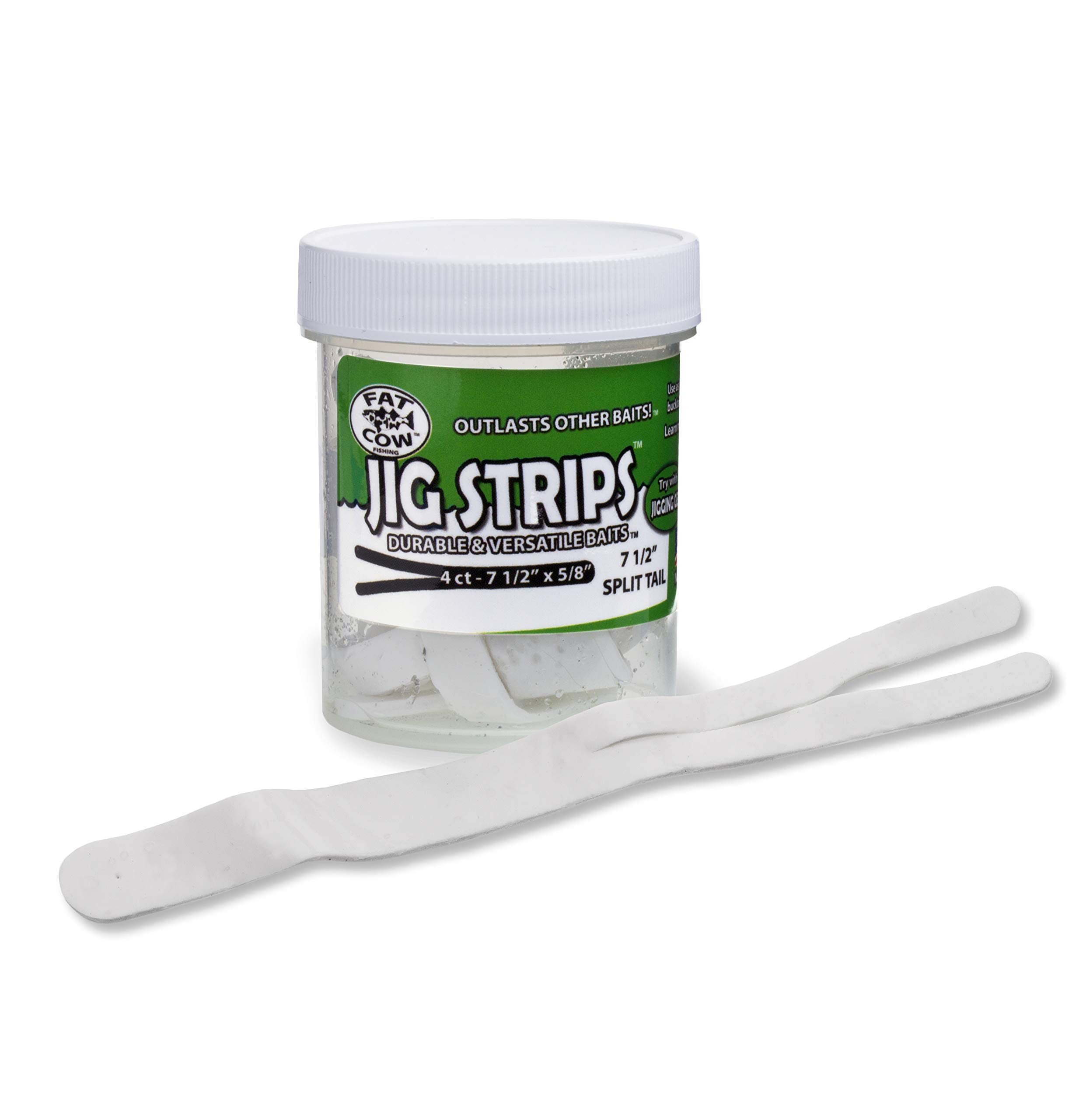 Fat Cow Jig Strips ghost white split tail enhance scent retention and bite potential.