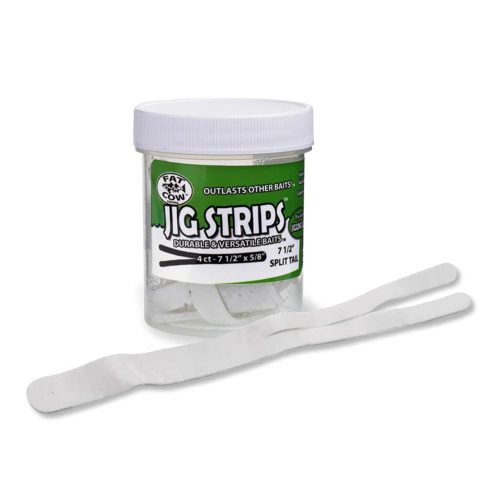 Fat Cow Jig Strips ghost white split tail enhance scent retention and bite potential.
