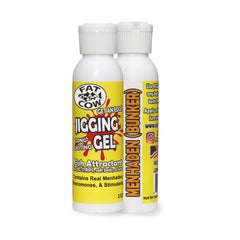 Fat Cow jigging gel bottle applying menhaden scent to a lure