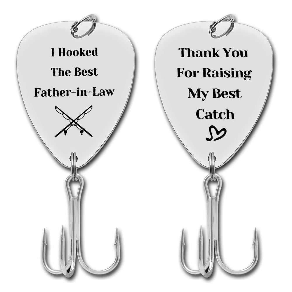 Engraved two-piece Father-in-Law fishing hook with I Hooked The Best Father-in-Law inscription