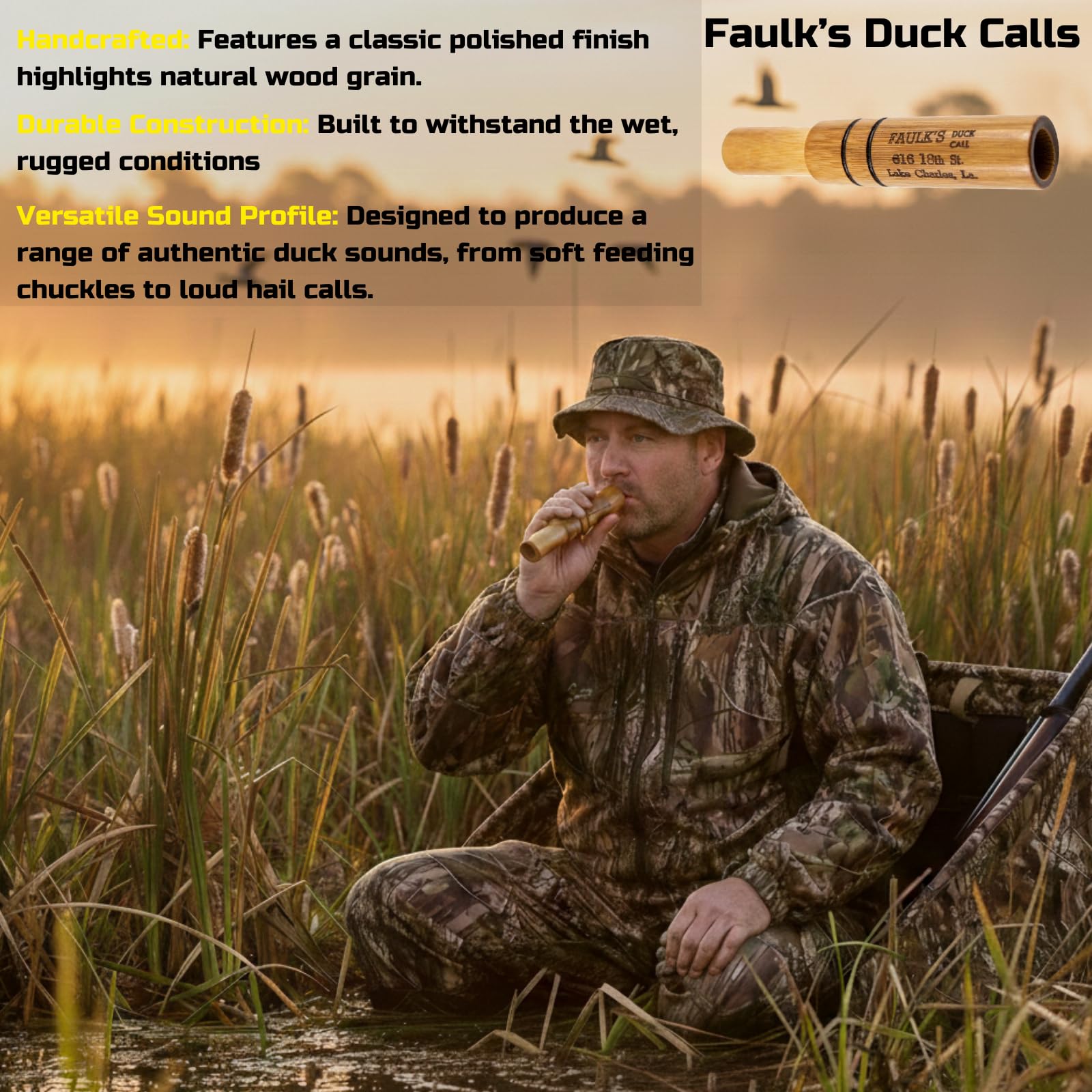 Faulk's Original Duck Call CA-11 tuning close-up demonstrates expert hand-tuning