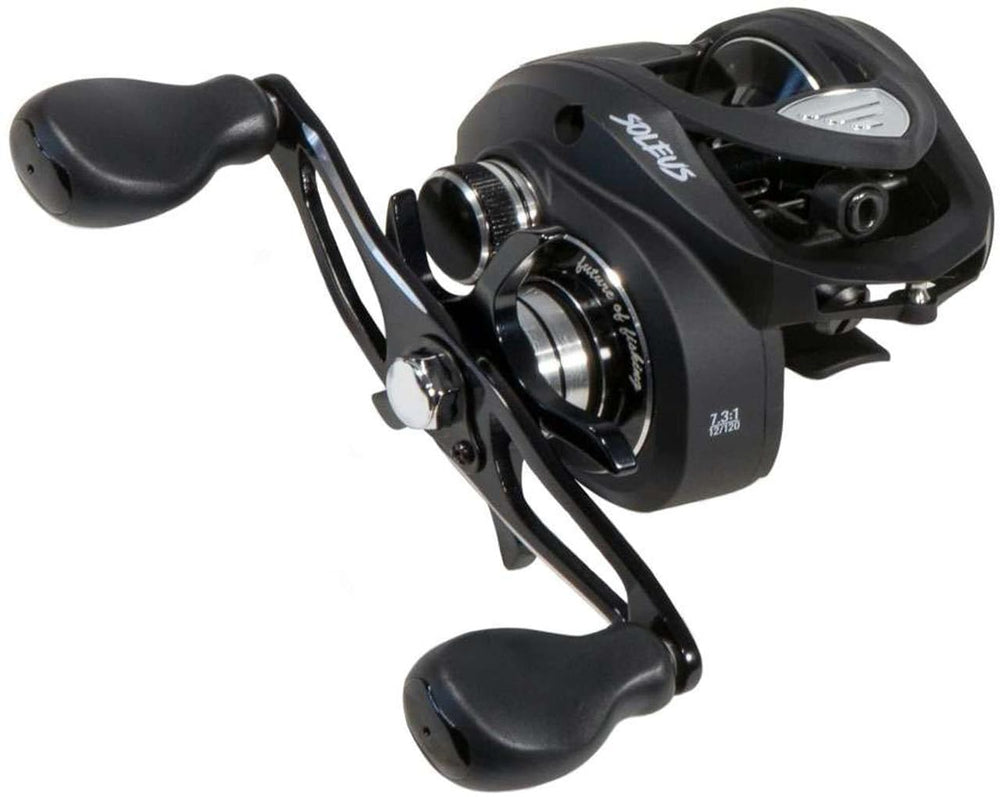 Favorite Soleus casting reel in black, left retrieve, lightweight and rugged for all-day fishing