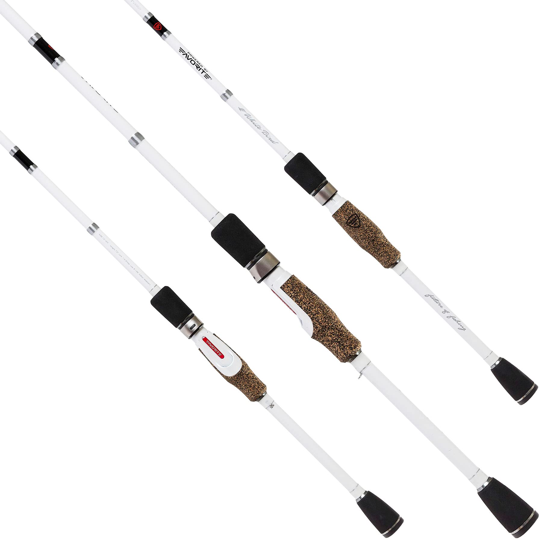 Favorite White Bird spinning rod front view for sleek, responsive casting feel.