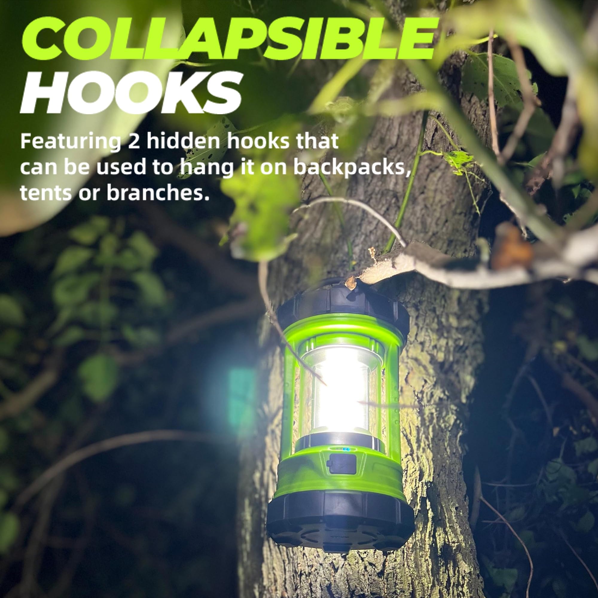 Favourlite camping lantern collapsible hooks enable hands-free hanging.