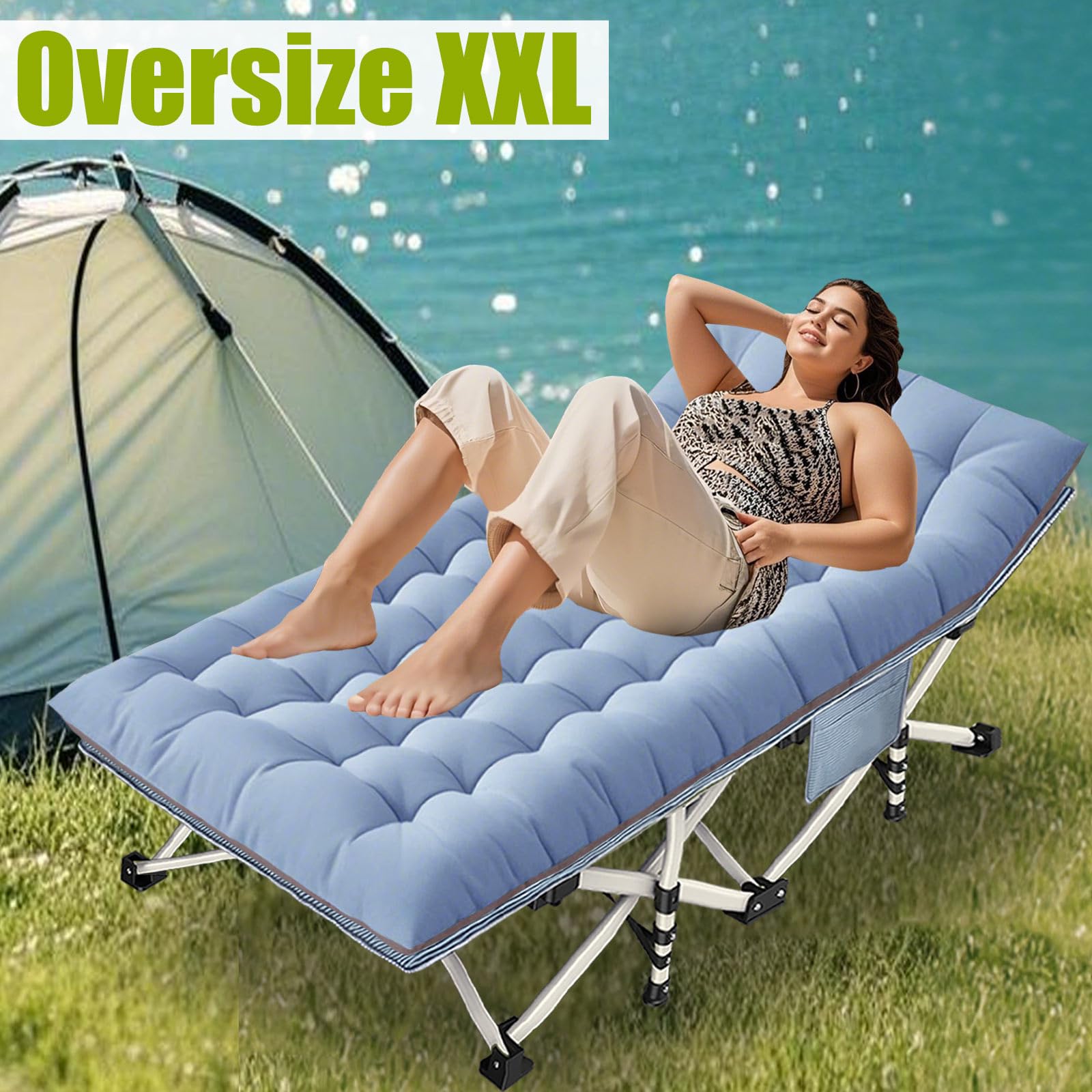 Faysore XXL camping cot mattress pad adds cushioned comfort for outdoors.