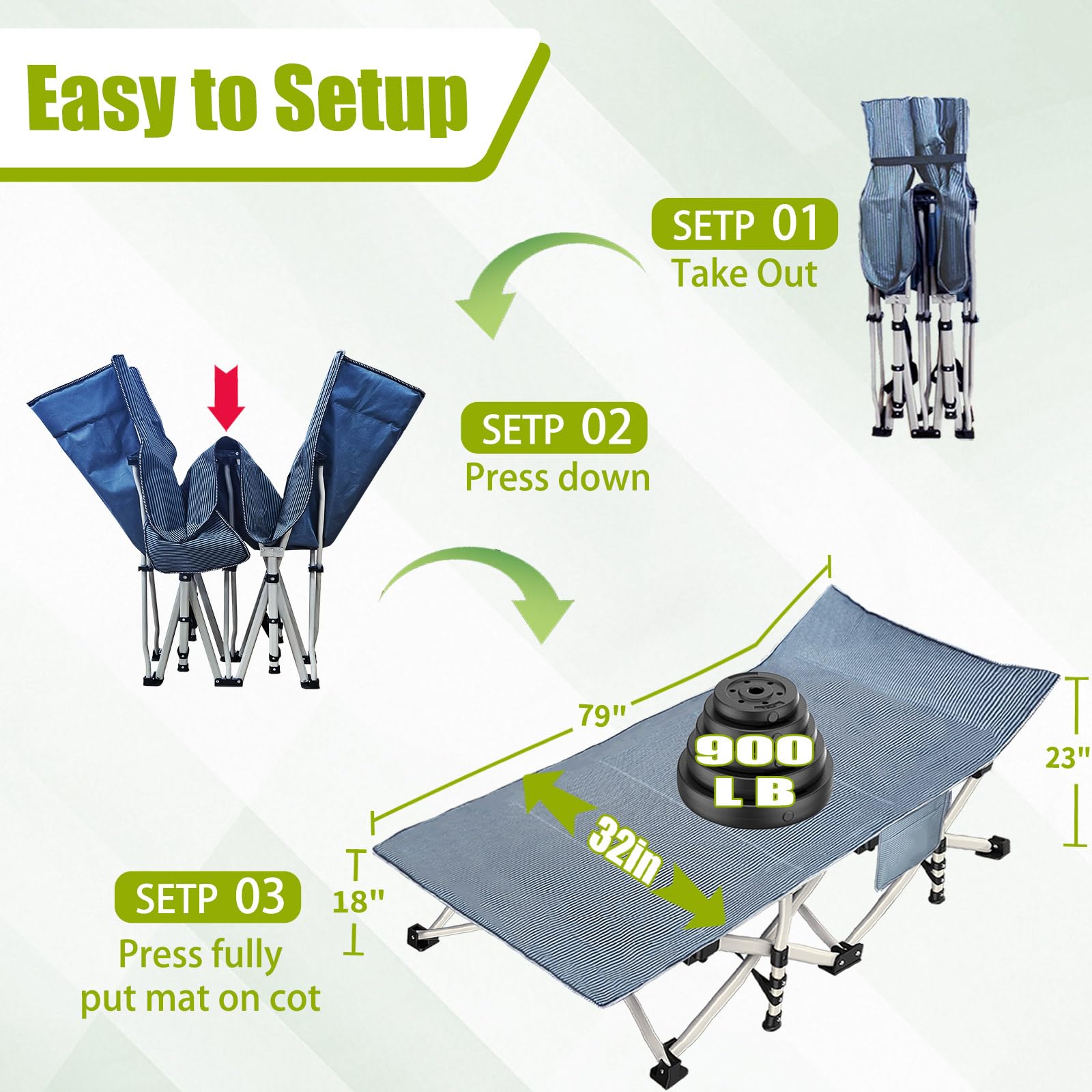 Faysore XXL camping cot sets up quickly without tools for convenience.